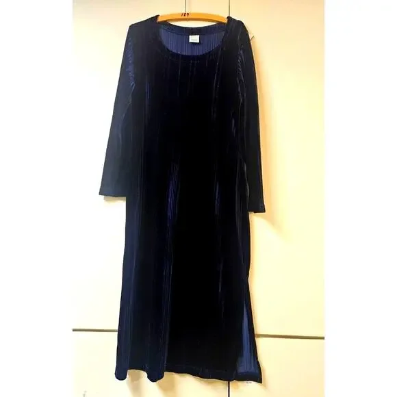 Avon Vintage 90s Navy Blue Ribbed Velvet Dress Witchy Goth Whimsigoth Minimalist - Picture 2 of 7